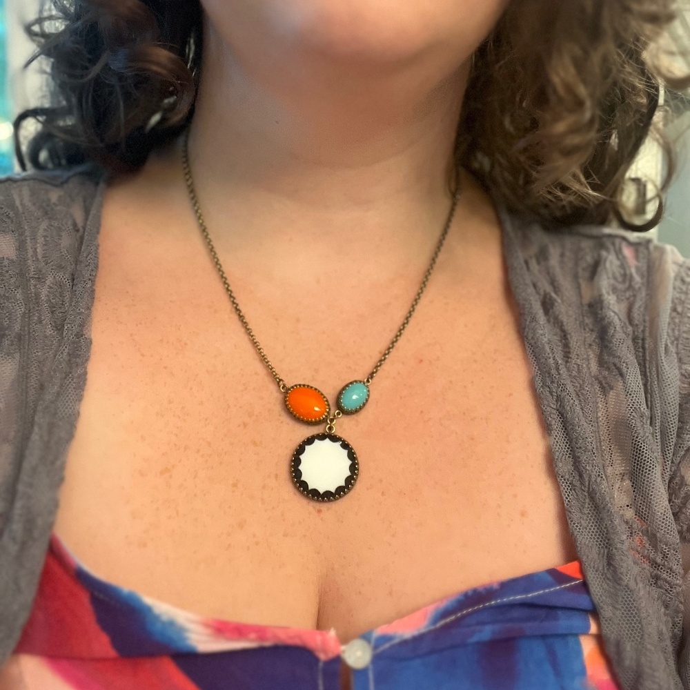 Vintage Cabochons B&W, Orange, Turquoise 16.5-18” adjustable length necklace